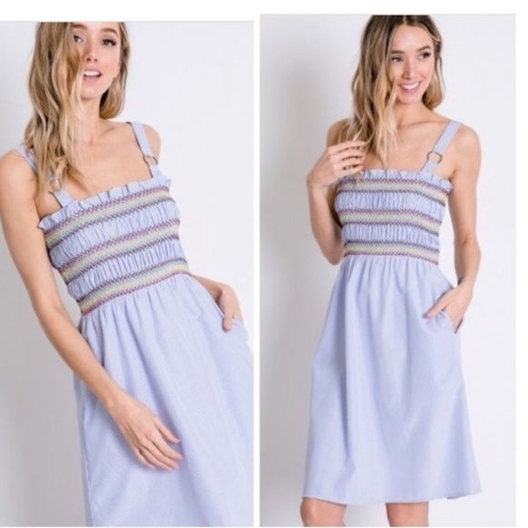 Penna&Pine Dresses & Skirts - Baby Blue Smocked Striped Midi Dress